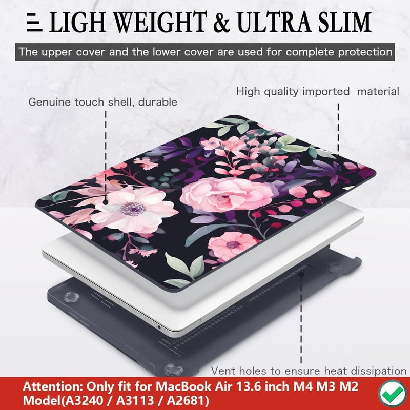 CISSOOK Compatible with MacBook Air 13.6 inch Case 2025 2024 2022 Release Model A3240 A3113 A2681, Flower Plastic Hard Shell Case Black Cover for MacBook Air 13 inch M2 M3 M4 - Pink Flowers - Image 4